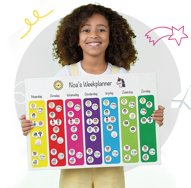 Stacy met een kleurrijk Plania-planbord